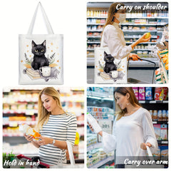 Cat Reading Pattern Canvas Tote Bag Women's Portable Anime Shoulder Bag