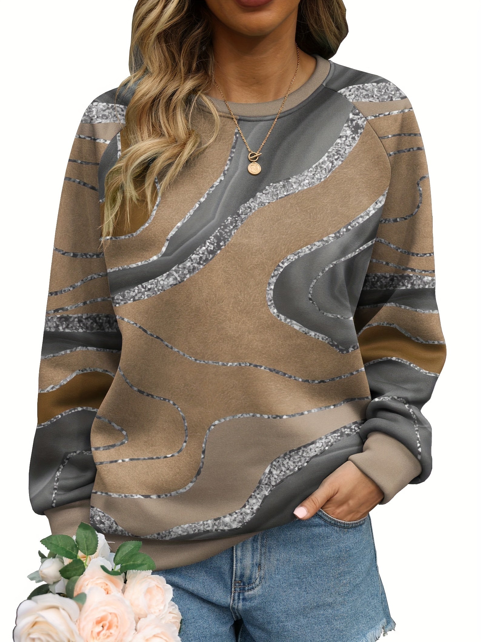 Geometric Print Crew Neck Sweatshirt for Women