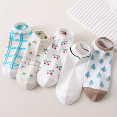 5 Pairs Floral Pattern Socks & Ankle Socks Women's Stockings