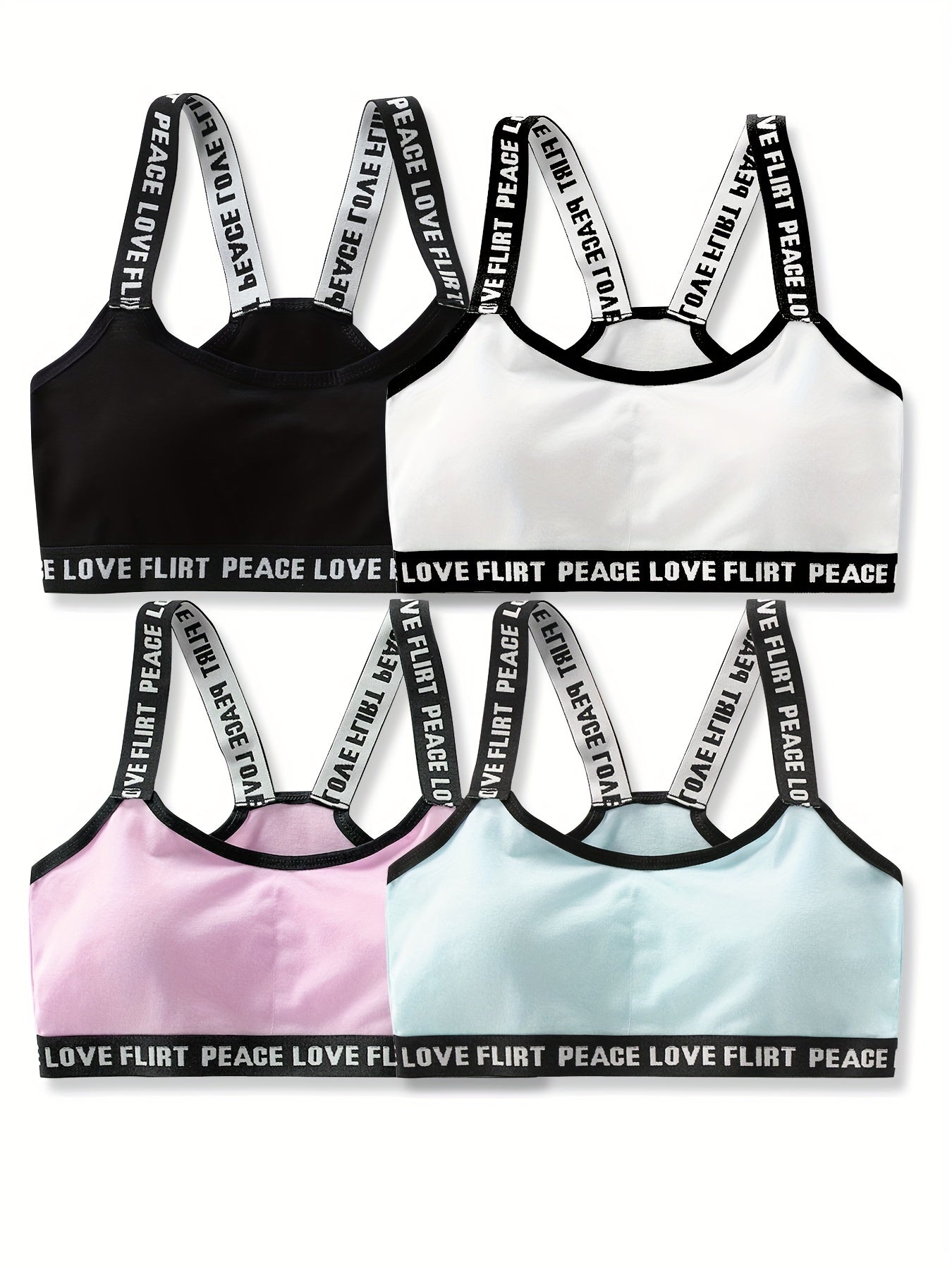 4pcs Girl's Sports Bra Letter Print Breathable Soft Bralette 7-14 Years Old