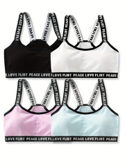 4pcs Girl's Sports Bra Letter Print Breathable Soft Bralette 7-14 Years Old