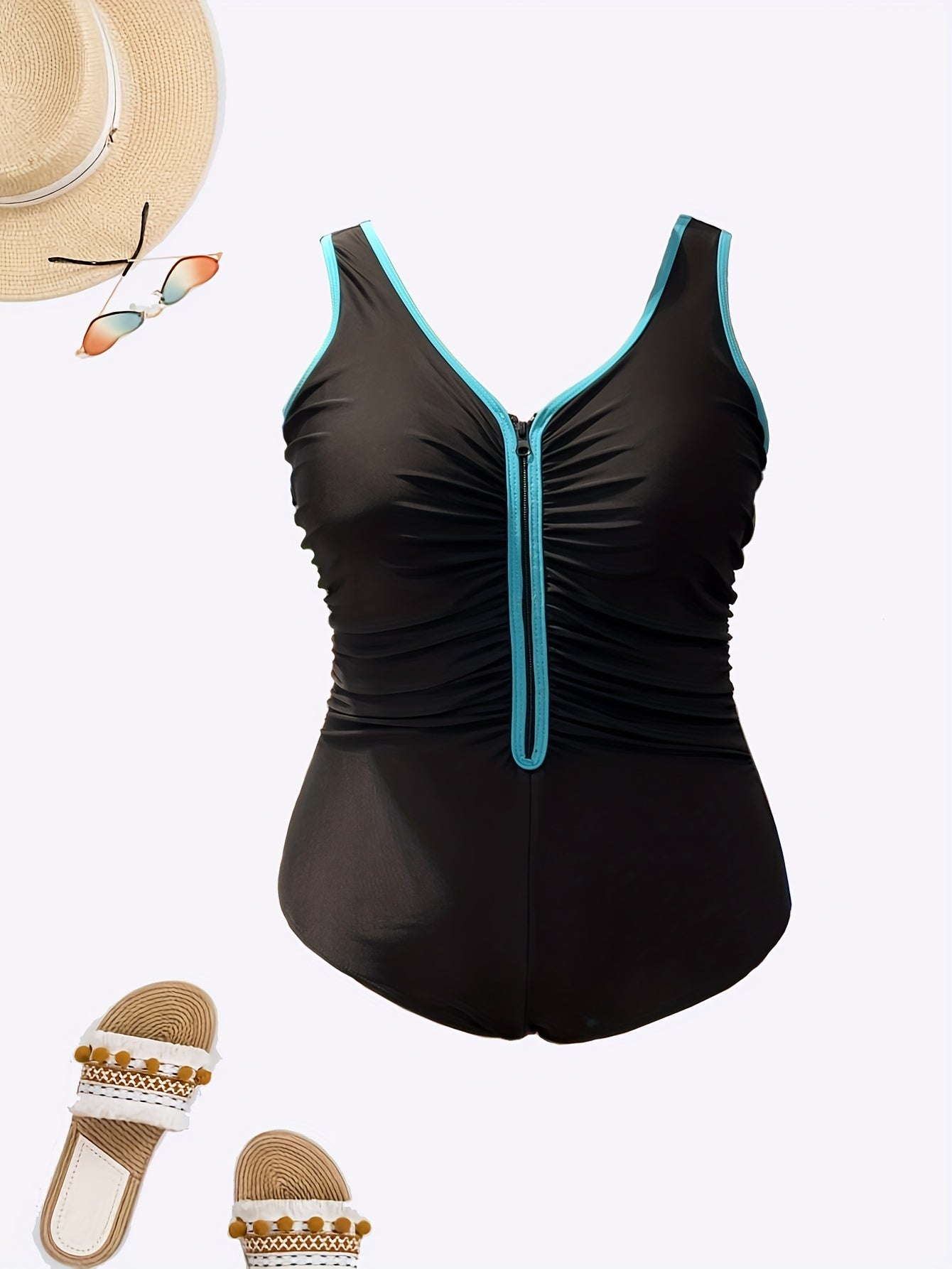 Sporty Swimsuit Women's Plus Zipper Front One Piece Bathing Suit