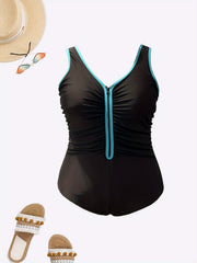 Sporty Swimsuit Women's Plus Zipper Front One Piece Bathing Suit