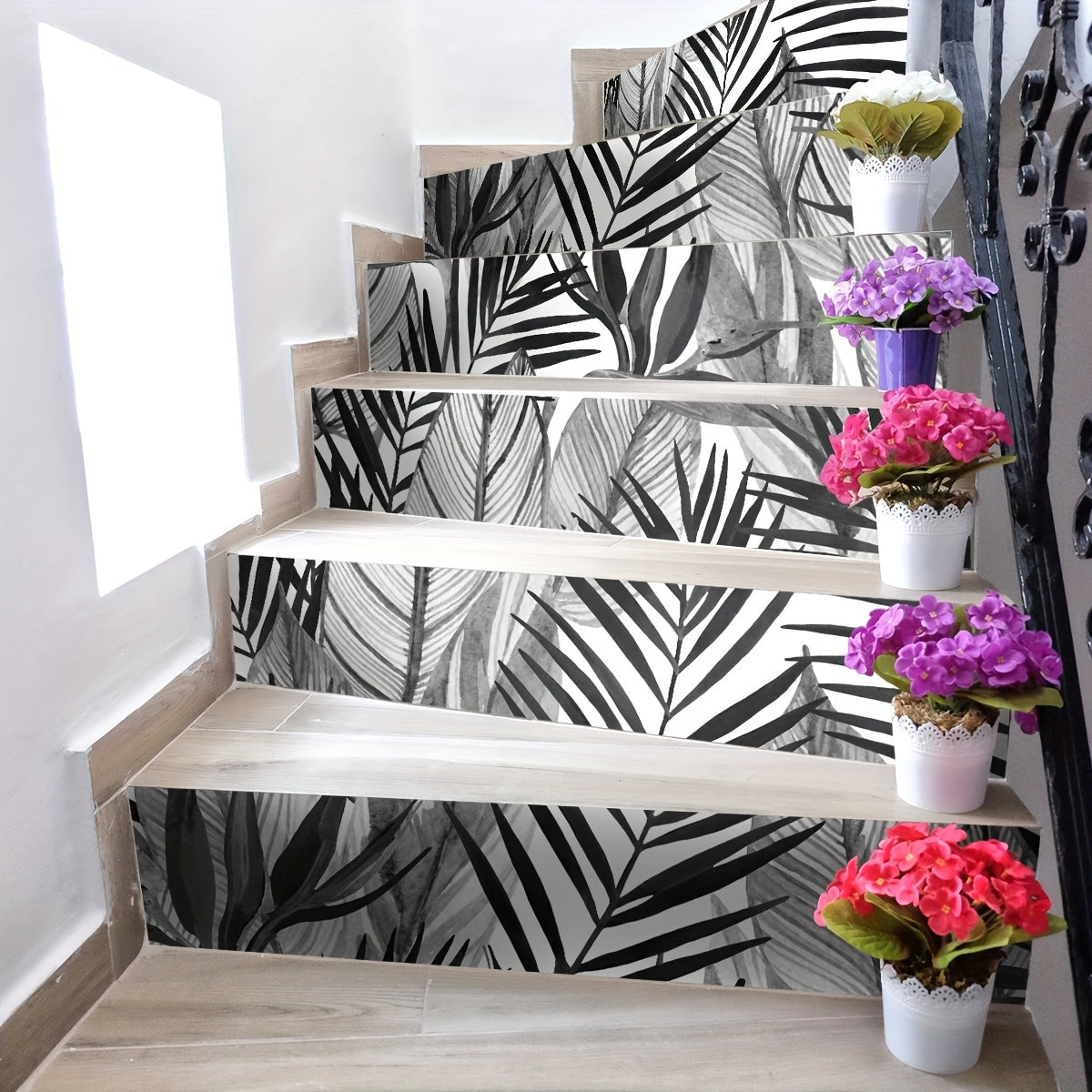 6pcs Tropical Coniferous Watercolor Staircase Sticker Self-adhesive Wallpaper