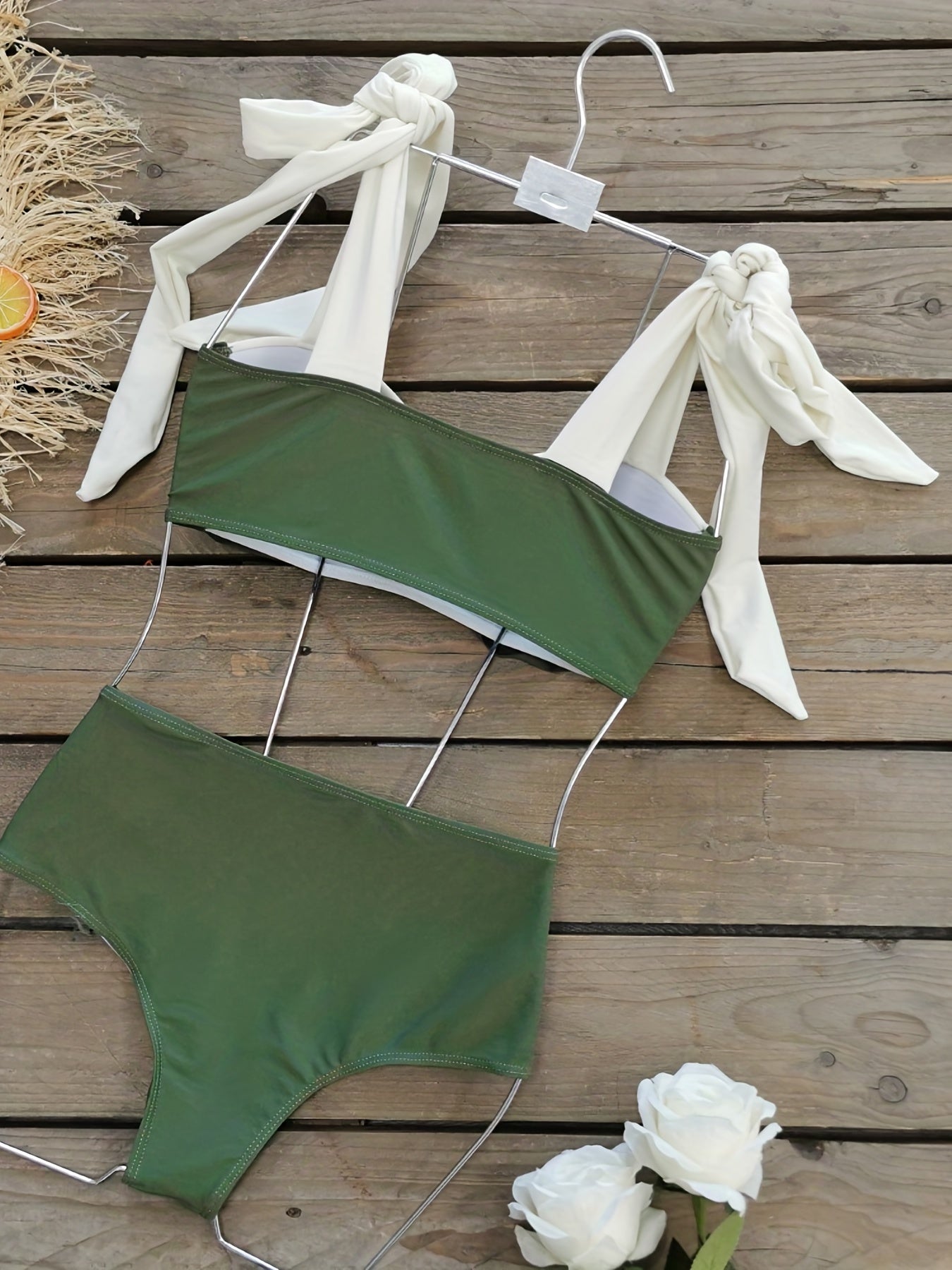 Bow Tie Shoulder Straps Bikini Set V Neck High Waist Two Piece Swimsuit