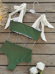 Bow Tie Shoulder Straps Bikini Set V Neck High Waist Two Piece Swimsuit