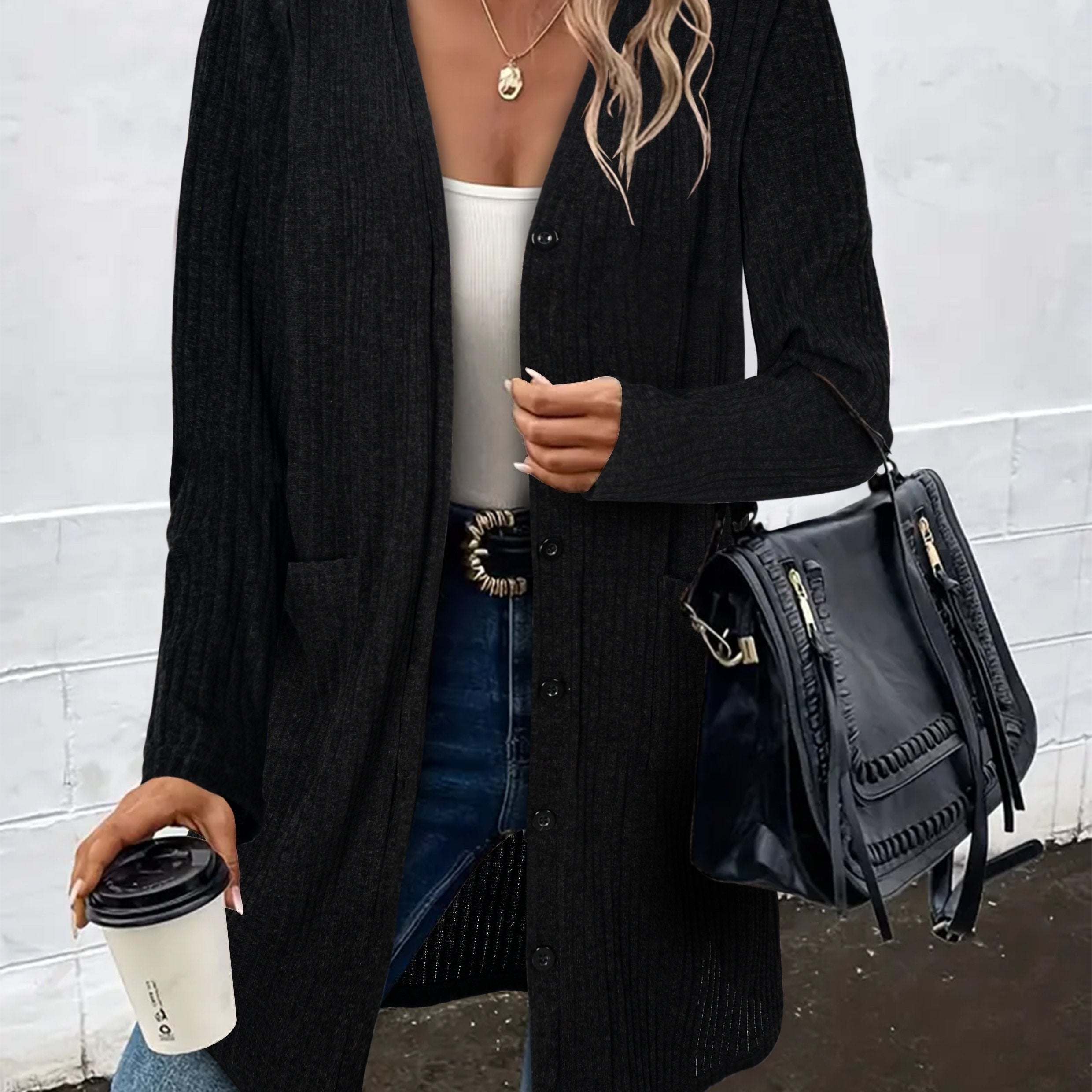Solid Ribbed Long Sleeve Button Up Cardigan