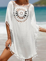 Boho Crochet Cover Up Tassel Decor Loose Fit Shirt Women's Swimwear