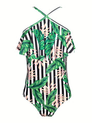Girls' Floral Ruffled Trim Suspenders Swimsuit