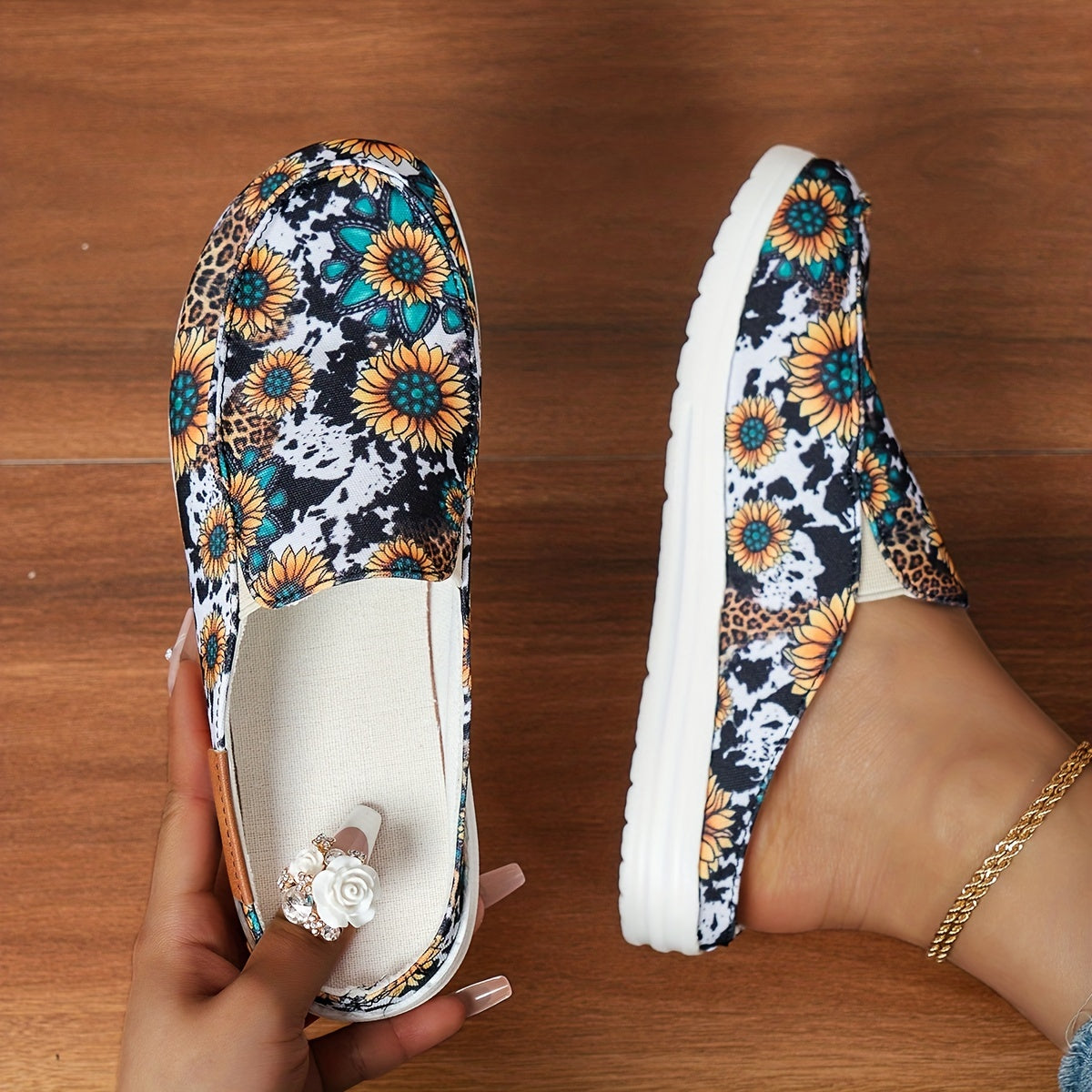 Women's Sunflower Print Mules Sneakers Slip On Loafers