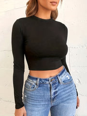 Solid Long Sleeve Sports Cropped Top Round Neck T-shirt Women's Tops