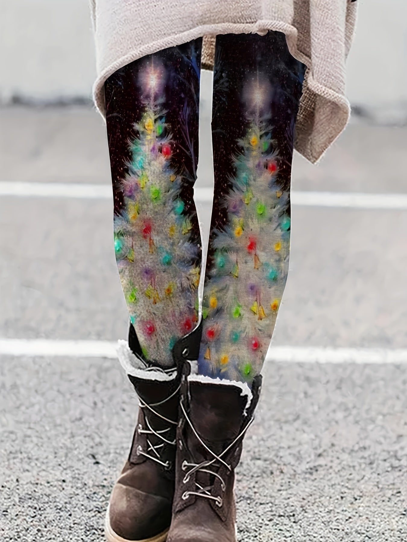 Christmas Tree Print Skinny Leggings Elastic Waist Stretchy Women's Clothing