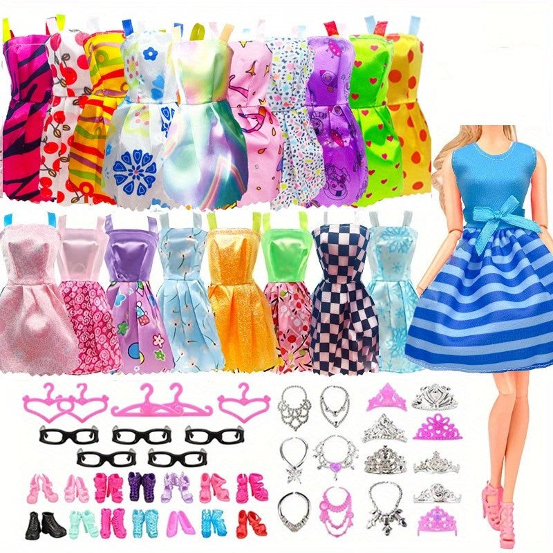 Doll Clothes & Accessories Set: Wedding Gown, Dresses, Shoes, Jewelry, Crowns