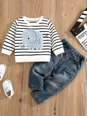 2pcs Baby Boy Elephant Embroidery Plaid Sweatshirt & Elastic Denim Pants Set