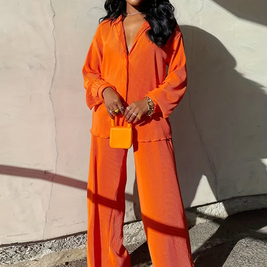 Casual Two piece Set Long Sleeve Shirt & Wide Leg Pants