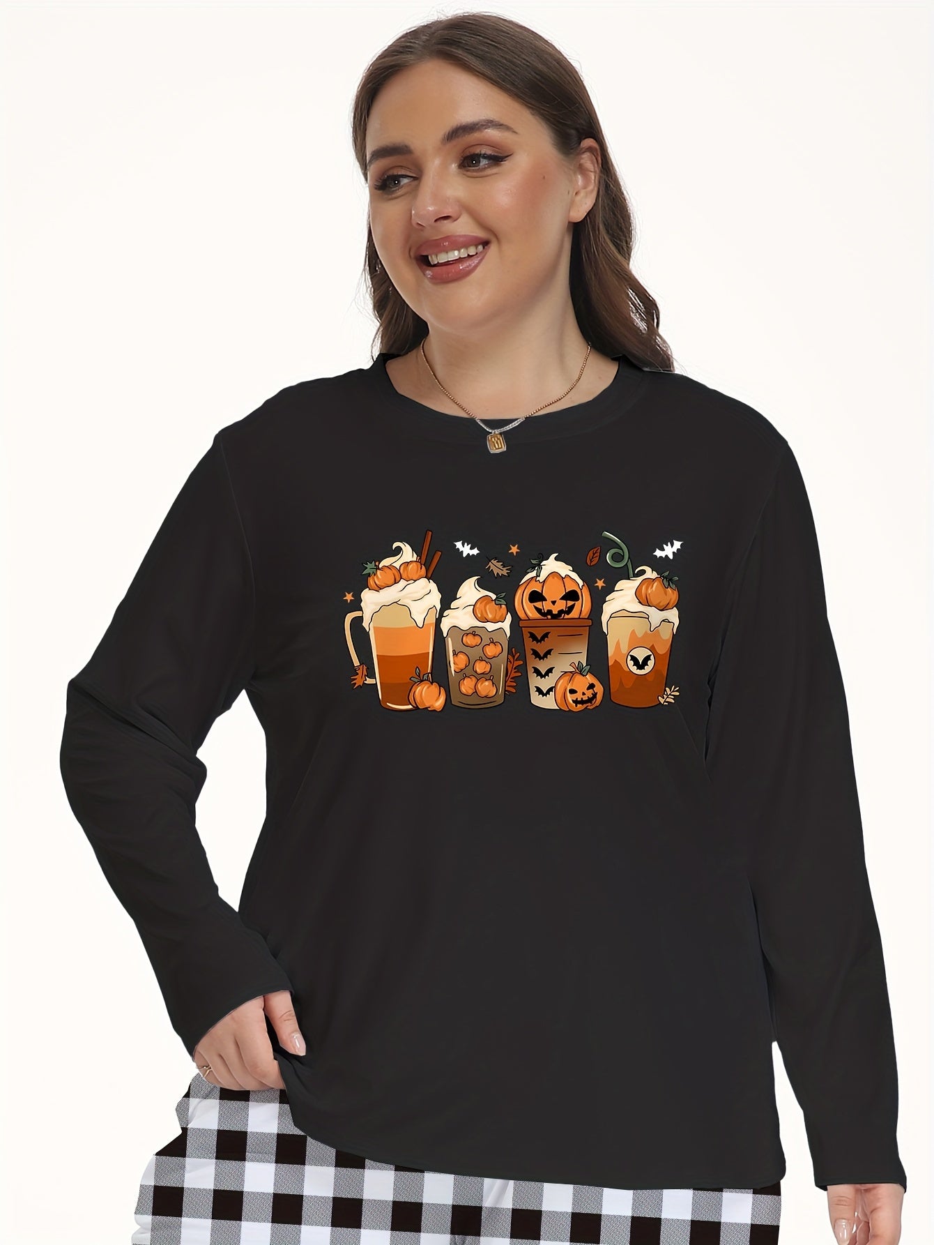 Pumpkin Milk Tea Print Long Sleeve Pajama Top