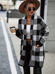 Gingham Print Open Front Cardigan