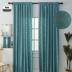 Boho Plaid Jacquard Tufted Rod Pocket Curtains Teal