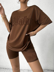 Casual Letter Pattern Two piece Set Short Sleeve T shirt & Biker Shorts Outfit