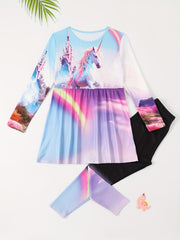 2pcs Unicorn Print Outfits Crew Neck Long Sleeve Top Pants Set