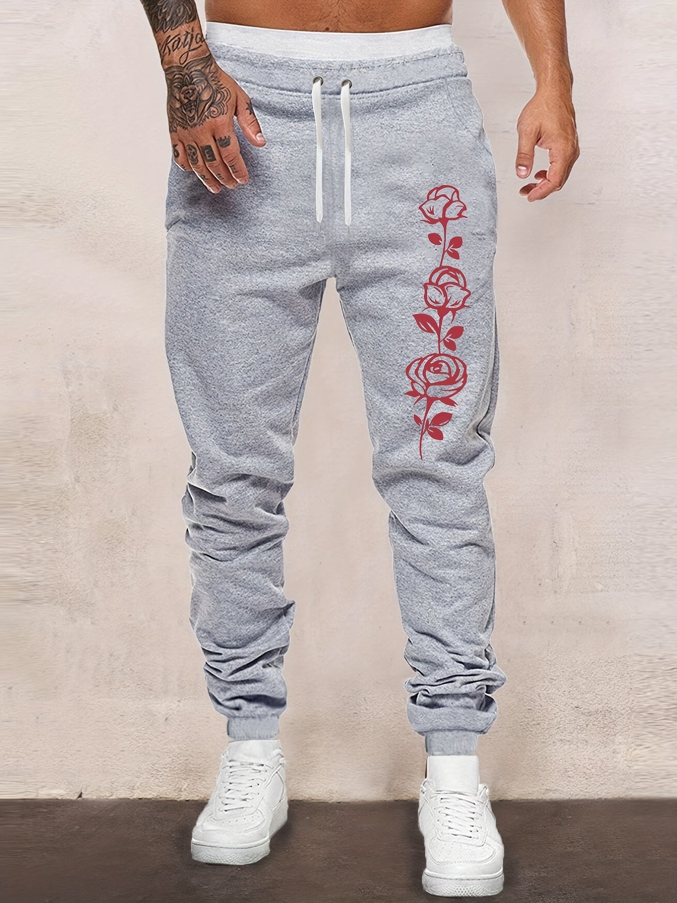 Rose Print Men s Drawstring Sweatpants For Spring Autumn