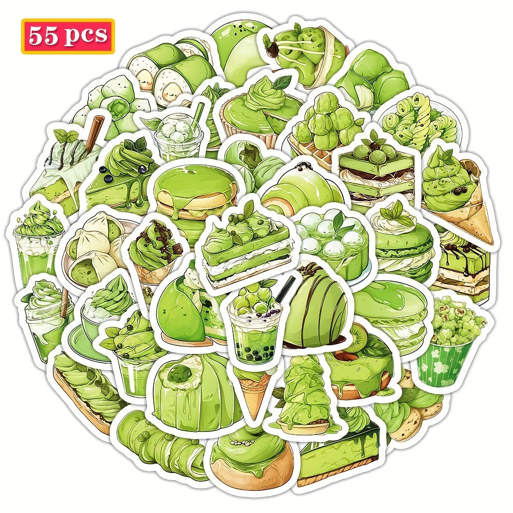 55pcs Green Tea Anime Stickers for Laptops Water Bottles Gift Bags