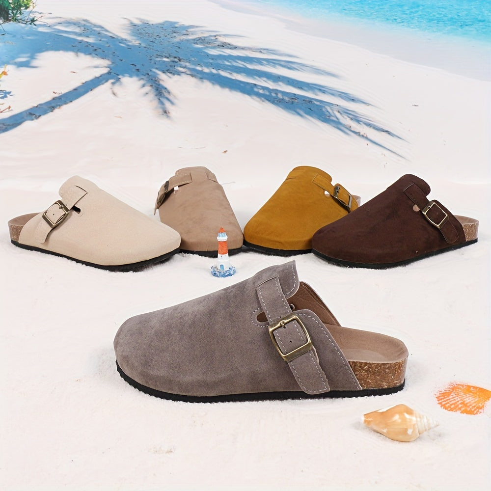 Casual Buckle Strap Mules - Women's Suede Clogs