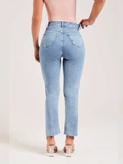 Medium Stretch Slim Fit Cropped Jeans Solid Washed Denim Pants