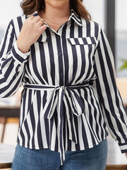 Plus Stripe Print Button Up Sleeve Blouse Women Plus