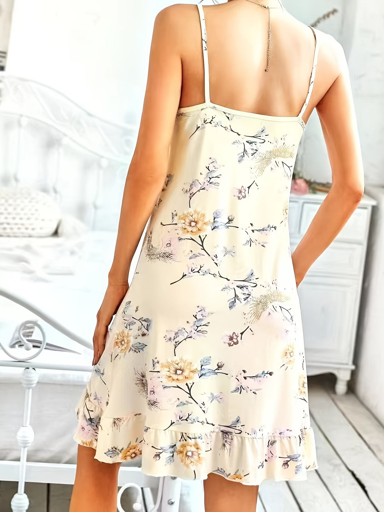 Floral Print Ruffle Nightdress Lace Trim Crew Neck Sleep Dress