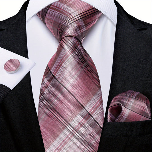 DiBanGu Classic Plaid Tie Set For Men Pink Red Ties