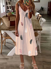 Women's Sleeveless Feather Print V Neck Long Dress