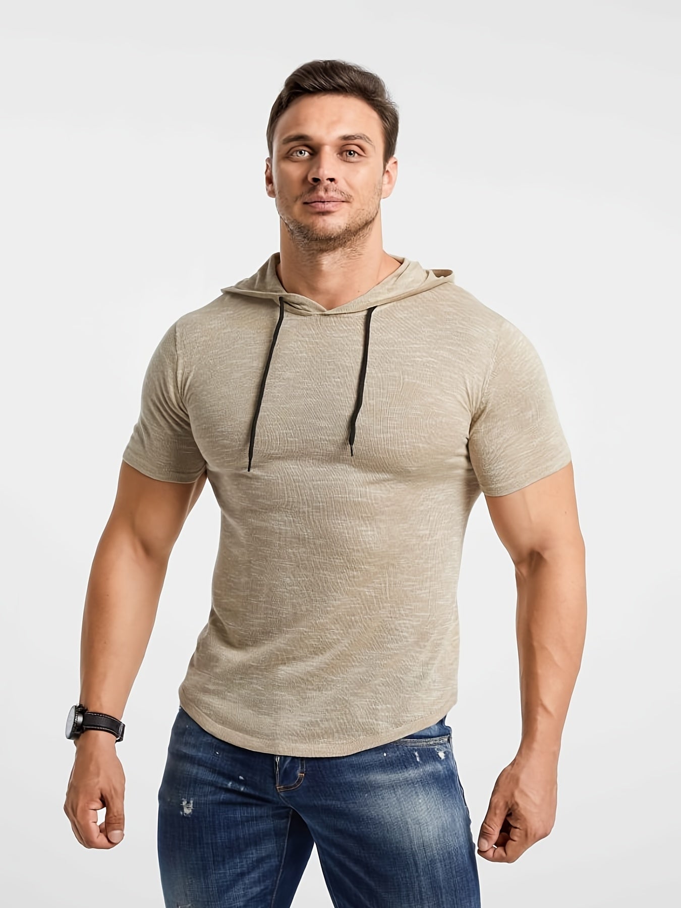 Men's Short Sleeve Hooded T-Shirt Casual Breathable Knit Top
