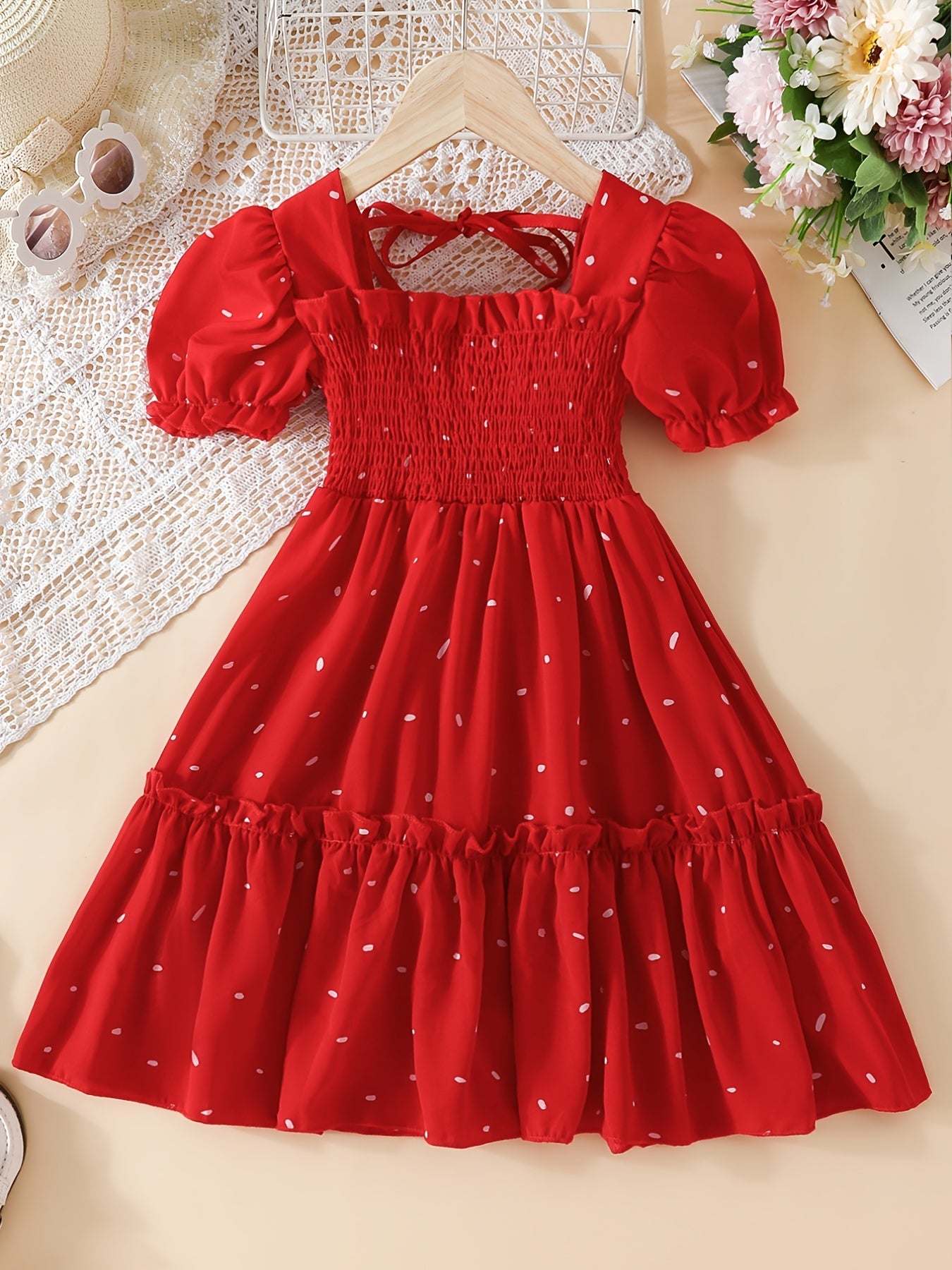 Girls Sweet Dots Allover Smocked Princess Party Dresses