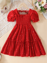 Girls Sweet Dots Allover Smocked Princess Party Dresses
