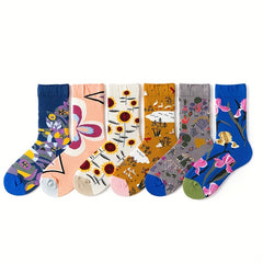 6 Pairs Floral Print Socks Comfy & Breathable Women's Mid Tube Stockings