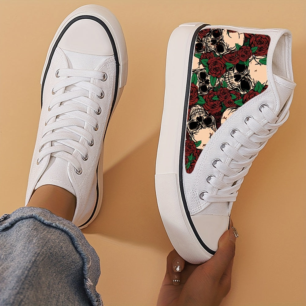 Skull & Rose Print High Top Canvas Sneakers