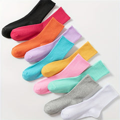 10 Pairs Solid Mid Tube Socks Women's Stockings