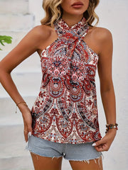 Ethnic Floral Print Halter Top Boho Criss Cross Summer Sleeveless Top