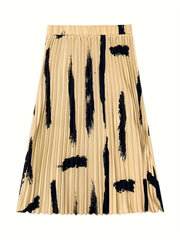 Brush Print Elastic Waist Pleated Maxi Skirt