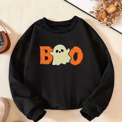 Girls' Fun Ghost Print Sweatshirt - Casual Halloween Outfit