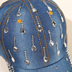 Rhinestone Decor Casual Baseball Cap Unisex Denim Washed Dad Hats