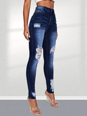 High Rise Ripped Leg Skinny Jeans Water Ripple Embossed Denim Pants