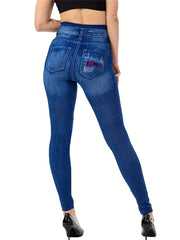 Denim & Ripped Print Leggings Casual Skinny Stretchy High Waist Leggings