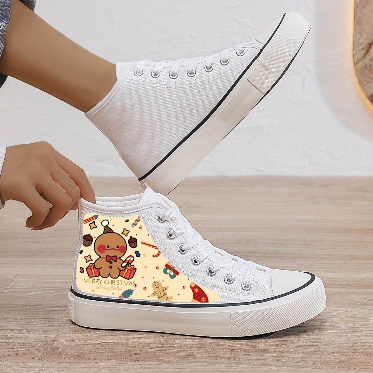 Christmas Cartoon Print Plush Lined Thermal Chunky Canvas Sneakers