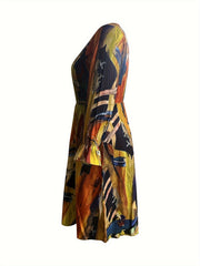 Allover Print Flounce Sleeve V Neck Dress