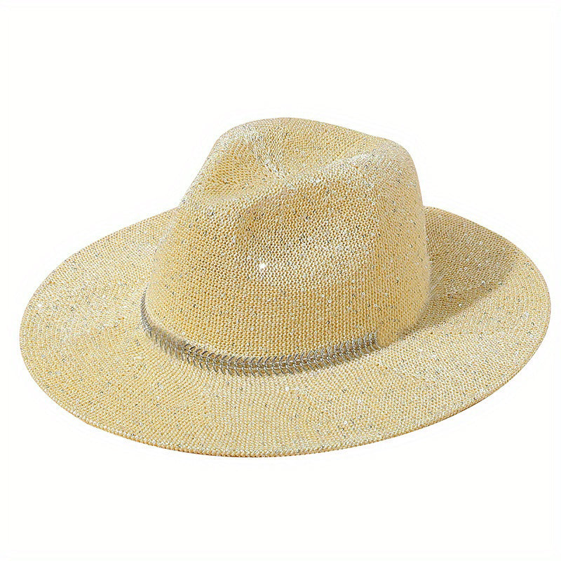Sequins Sparkling Y2K Sun Hat Chain Decor Solid Fedora Cap