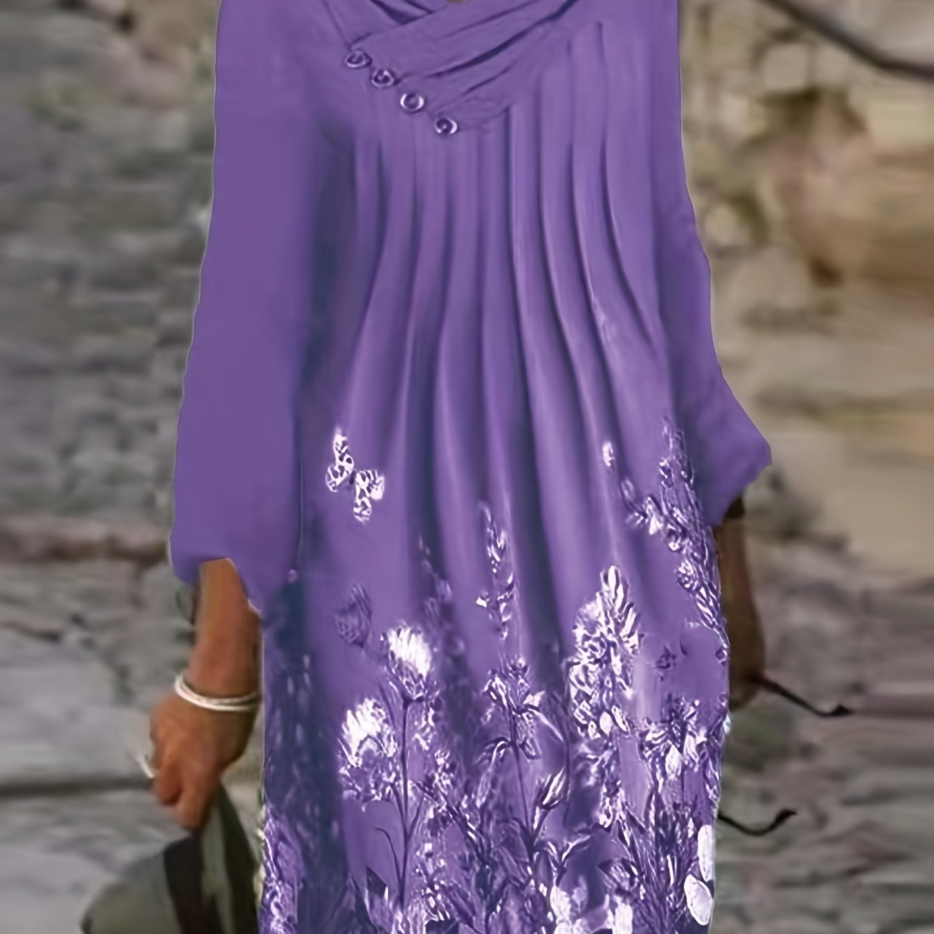 Floral Butterfly Print Ruched Dress Long Sleeve Casual Dress for Spring & Fall