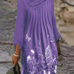Floral Butterfly Print Ruched Dress Long Sleeve Casual Dress for Spring & Fall