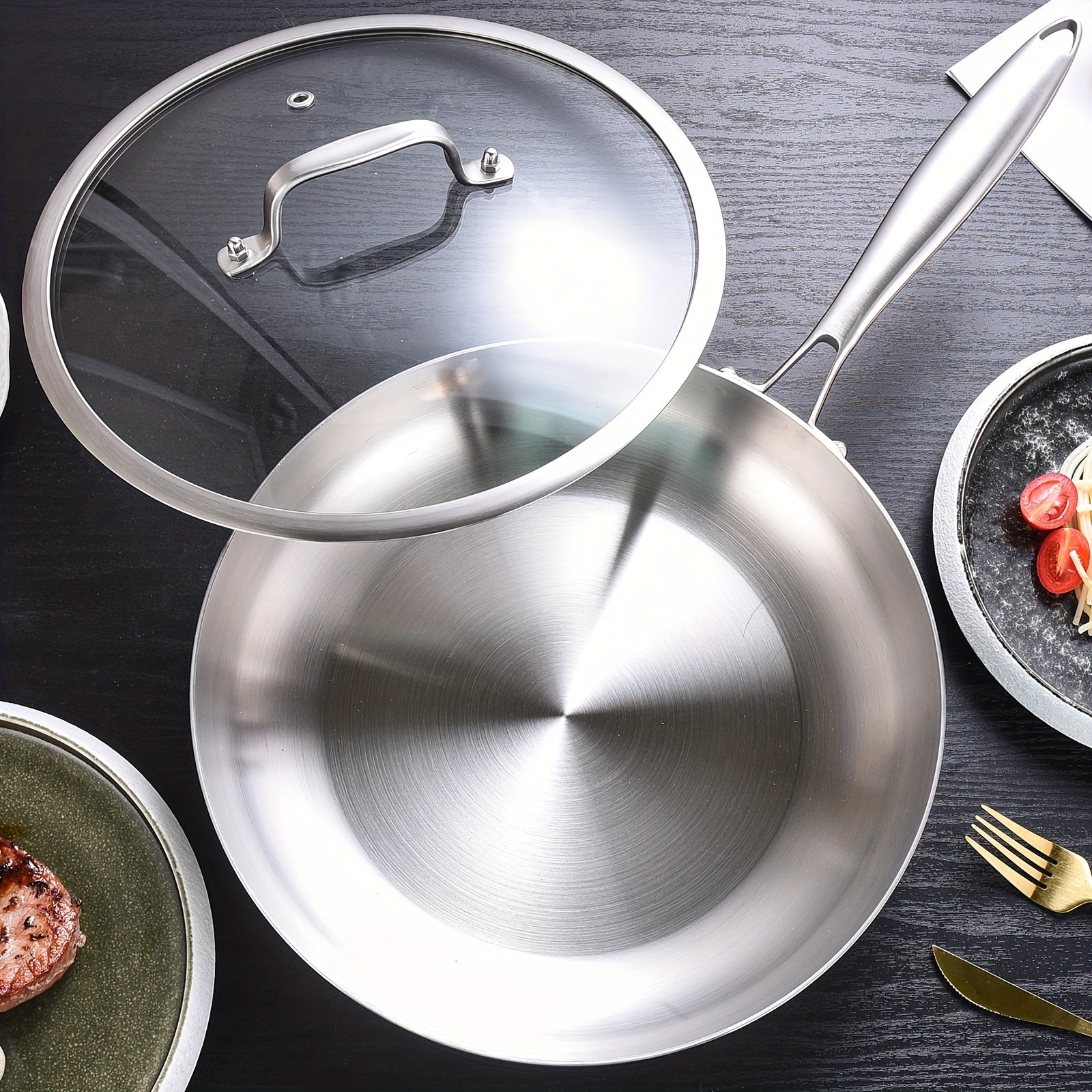 3 Layer Stainless Steel Frying Pan with Lid - Induction Gas Stove Steaks